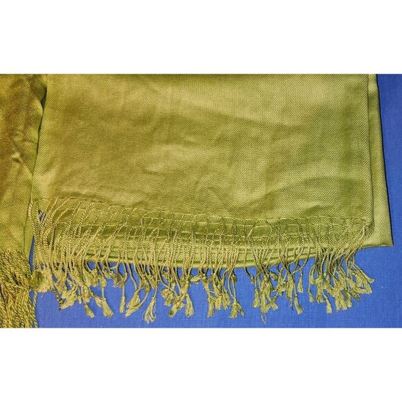 Scarf Shawl Olive Green Fringed Rayon - Picture 2 of 7